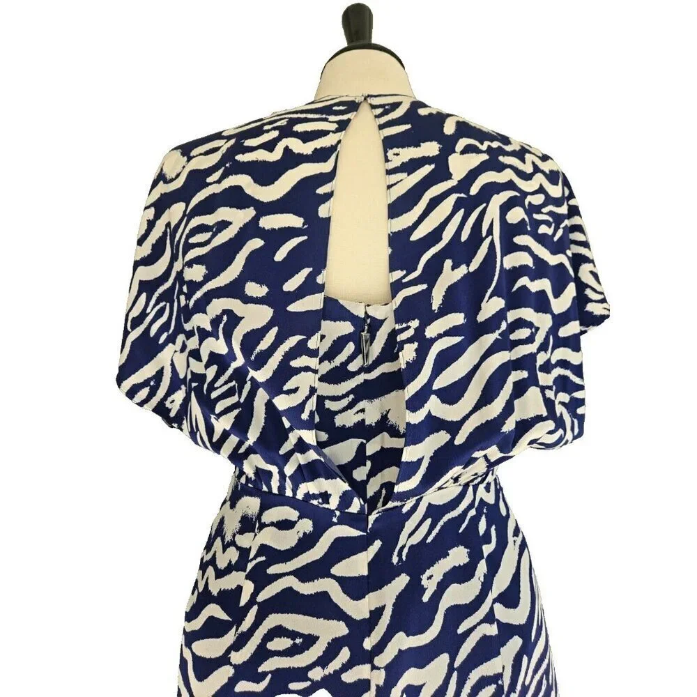 PRABAL GARUNG Blue and White Printed Silk Long Dress Ruched Bodice Size 8 - Picture 4 of 11